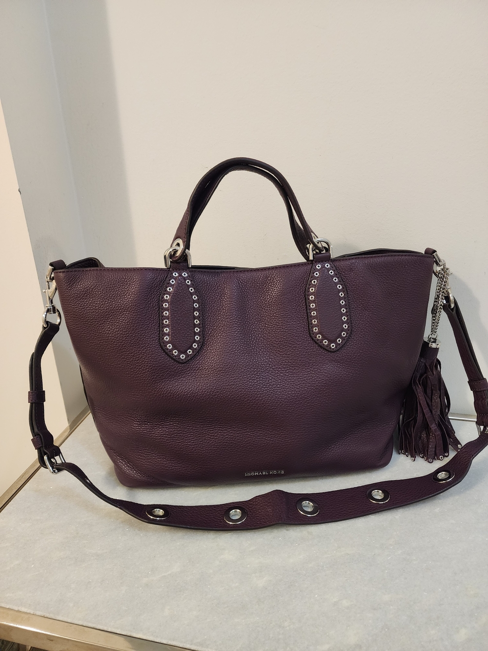 Michael Kors Plum Leather Tote with Studded Accents